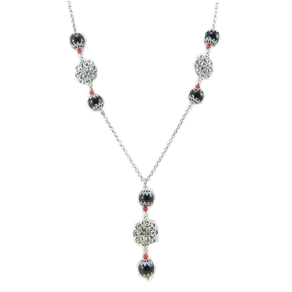 Collana argento con onice nero Su Coccu bottoni traforati e corallini - Gioiello Sardegna in Collane Gioielleria Saba - Dolianova, commercioVirtuoso.it