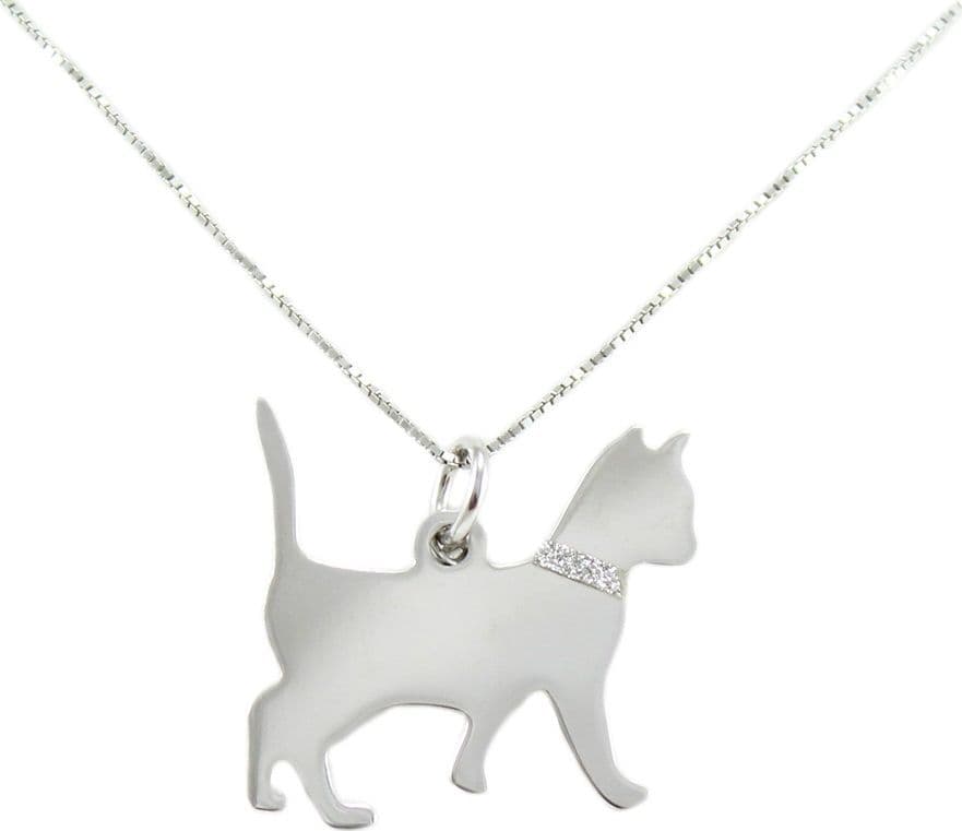Collanina con pendente gatto coda alzata in argento con collare glitterato in Collane Gioielleria Saba - Dolianova, commercioVirtuoso.it
