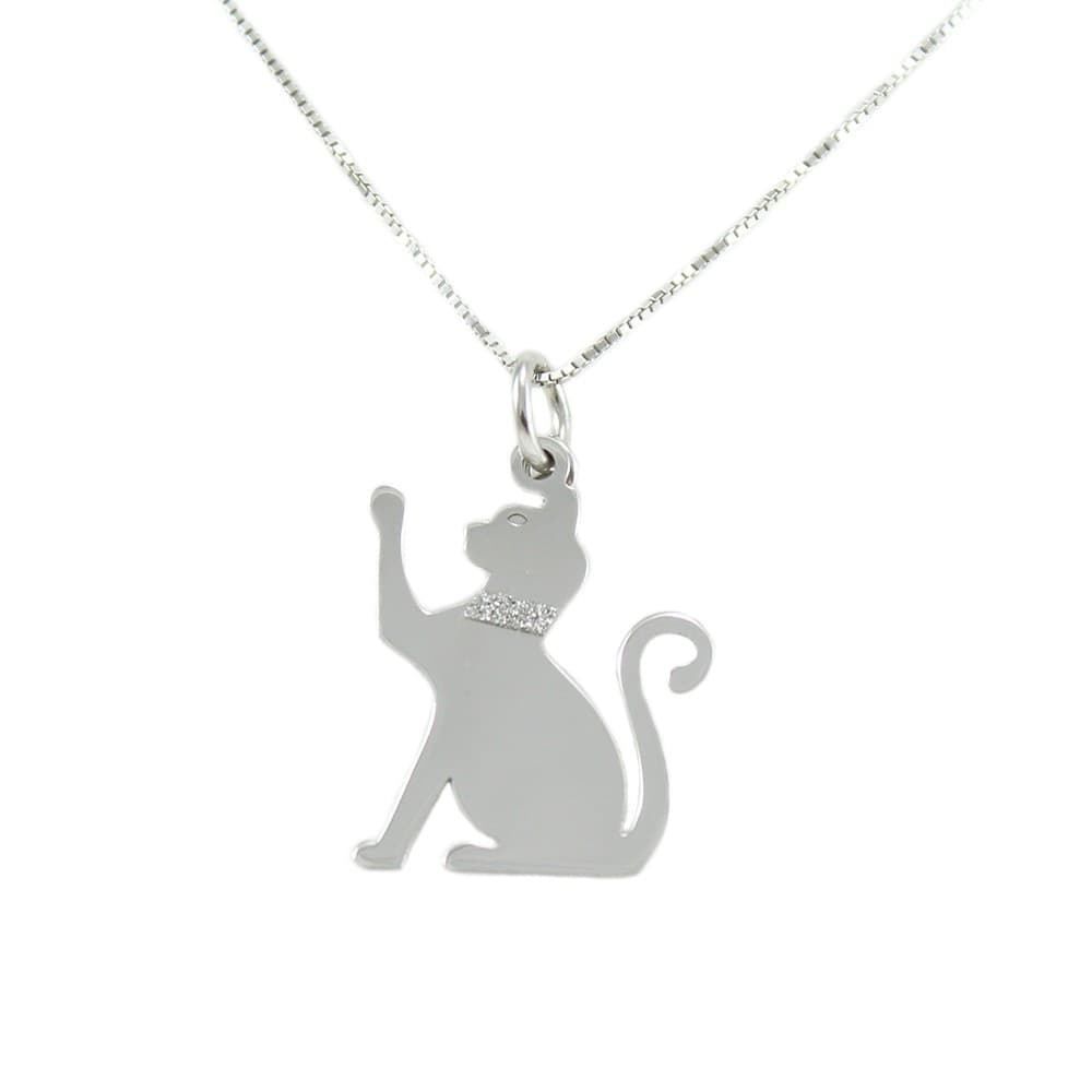 Collanina con pendente gatto zampa alzata in argento con collare glitterato in Collane Gioielleria Saba - Dolianova, commercioVirtuoso.it