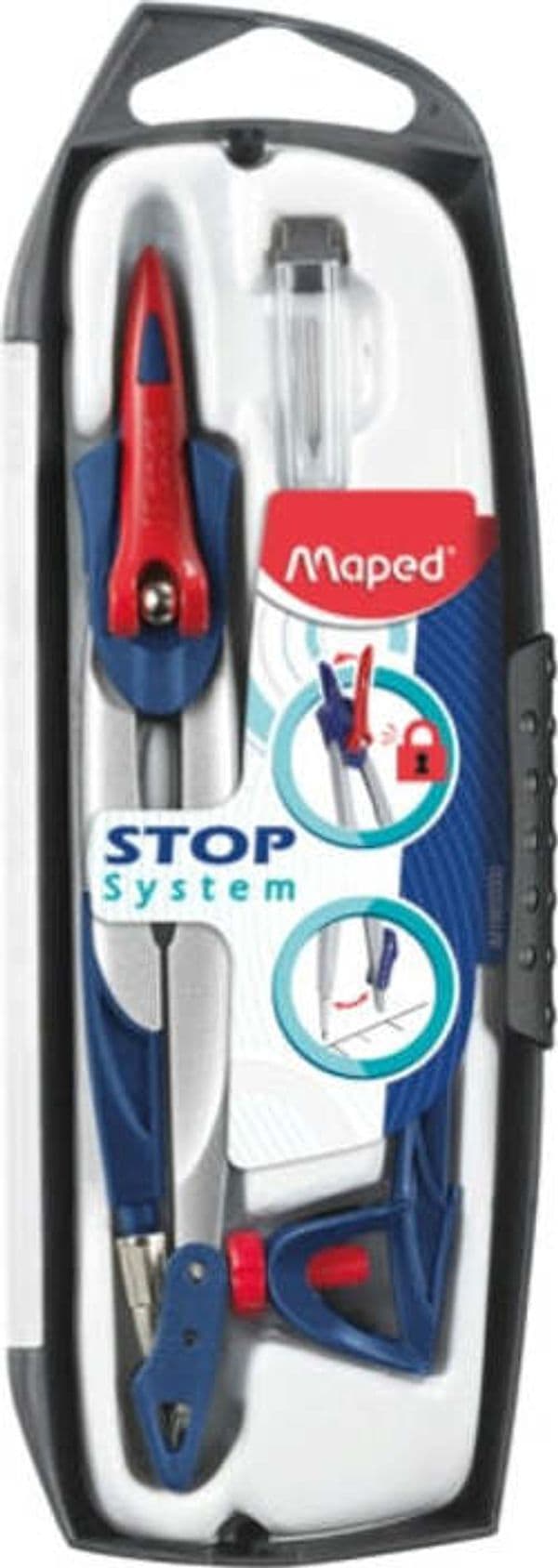 Compasso Stop System - con adattatore e mine ricambio - diametro max cerchio 282mm - Maped Cancelleria e prodotti per ufficio/Scuola e materiale didattico/Materiale scolastico/Compassi Eurocartuccia - Pavullo, Commerciovirtuoso.it