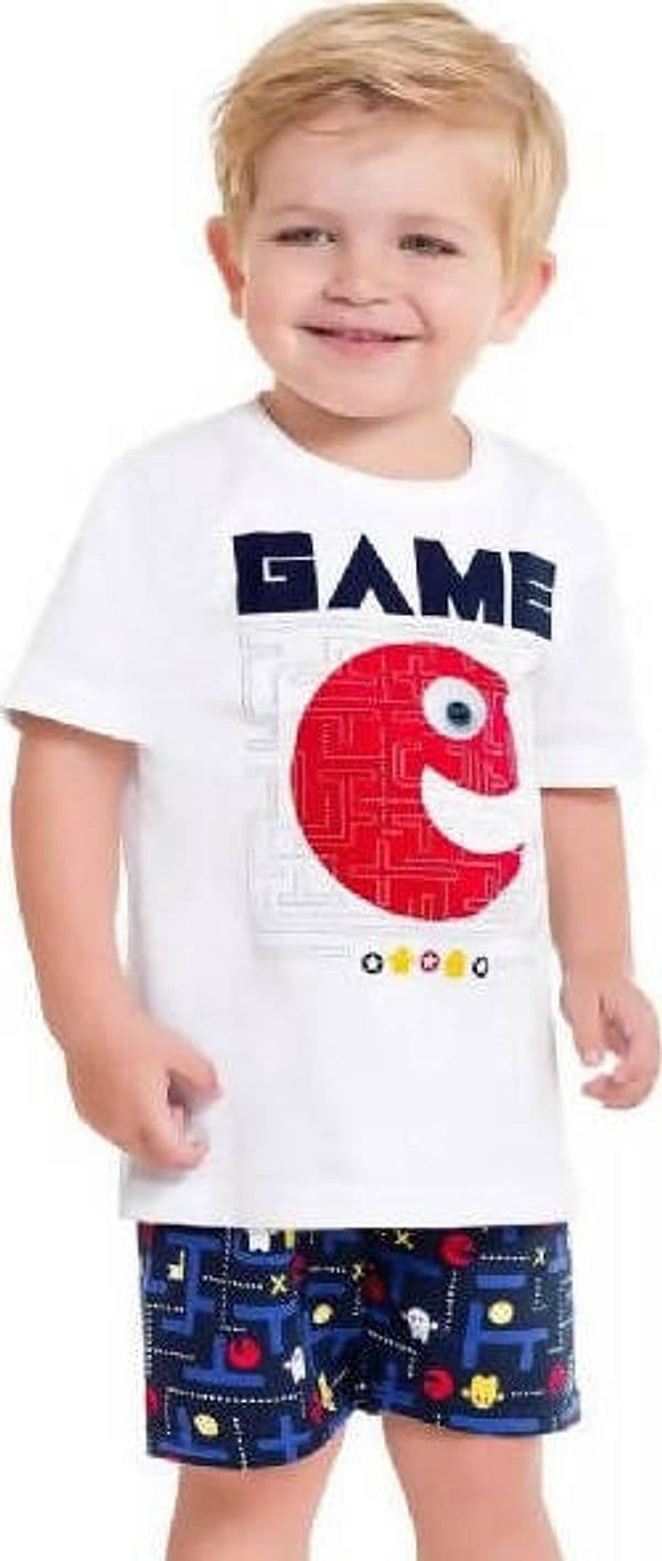 Completino Bimbo Estivo 100% Cotone Completo Coordinato Maglia Pantalone Estate Maglietta T-Shirt Girocollo Pantaloncini Stampa Game Bianco Rosso Blu Kyly