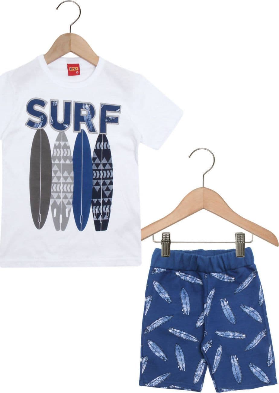 Completino Bimbo Estivo 100% Cotone Completo Coordinato Maglia Pantalone Estate Maglietta T-Shirt Girocollo Pantaloncini Stampa Surf Bianco Blu COMPLETINO Piccole Canaglie - Tropea, Commerciovirtuoso.it