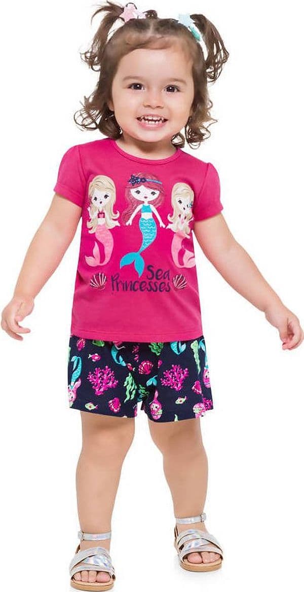 Completino Estivo Bambina Rosa e Blu Sirenette Coordinato Bimba Tuta Estiva Maglia Maniche Corte Cotone e Shorts Pantaloncini Coordinati Completo Estivo Stampa Multicolor Sirena Kyly
