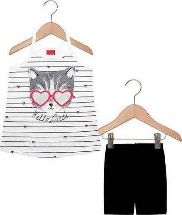 Completino Estivo Bimba Bianco e Nero Gatto Completo Tuta Coordinato Gattino Estate Canotta e Pantaloni Corti 100% Cotone Kyly