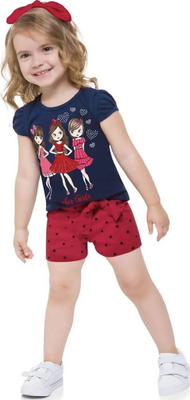 Completino Estivo Bimba Coordinato Blu e Rosso Pantaloncini Corti Maglietta Mezze Maniche Completo Estivo WONDER GIRLS KYLY