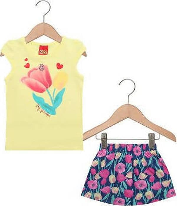 Completino Estivo Bimba Fiori Completo Tuta Coordinato Estate T-Shirt Mezze Maniche Stampa e Pantaloni Corti 100% Cotone Gonna Pantalone Kyly