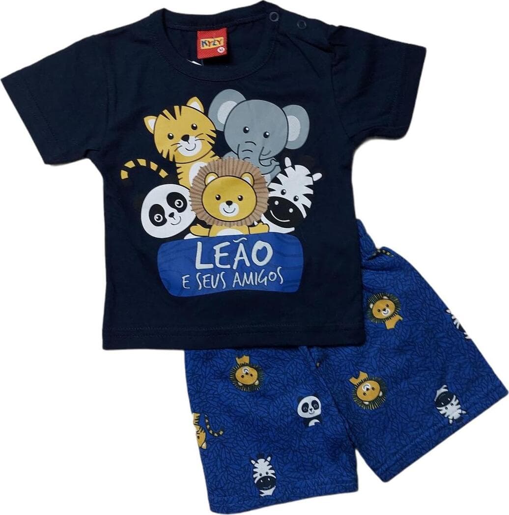 Completino Estivo Bimbo Blu Maglietta Mezze Maniche Girocollo Leo Stampa Animali Pantaloncini Corti con Elastico Fantasia Kyly