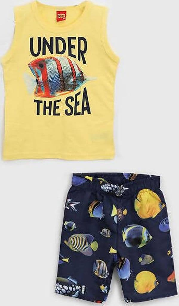 Completo Bambino Estivo 2Pz Canotta Maglietta Pantaloncini Estate Completino Coordinato Giallo Blu Stampa Pesci in Cotone Kyly