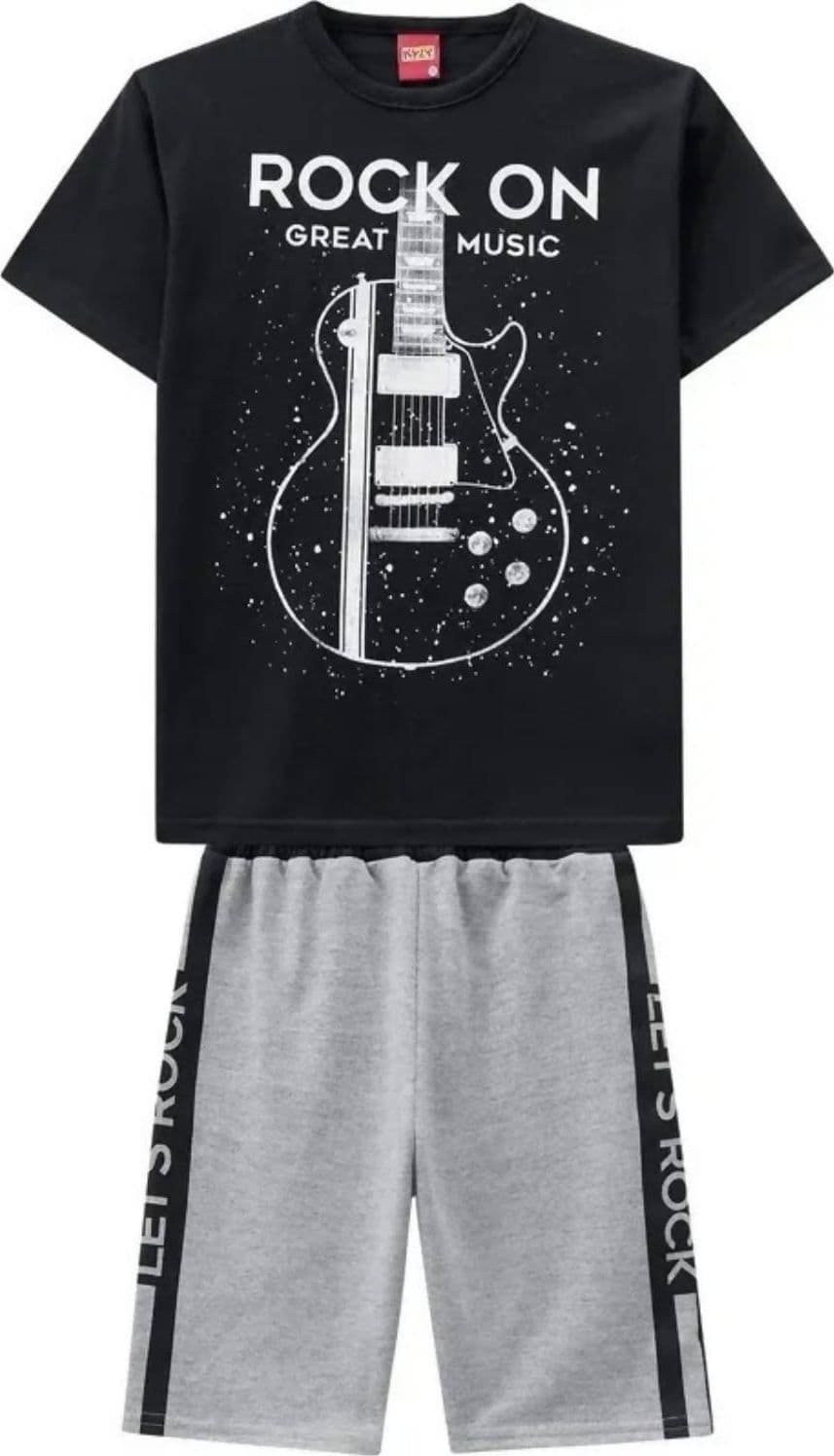 Completo Estivo Tuta Bambino Coordinata Maglia Mezze Manche Stampa Rock On Pantaloncini Sport Corti Con Elastico Set 2 Pezzi Bimbo Nero E Grigio Stampa Chitarra Kyly