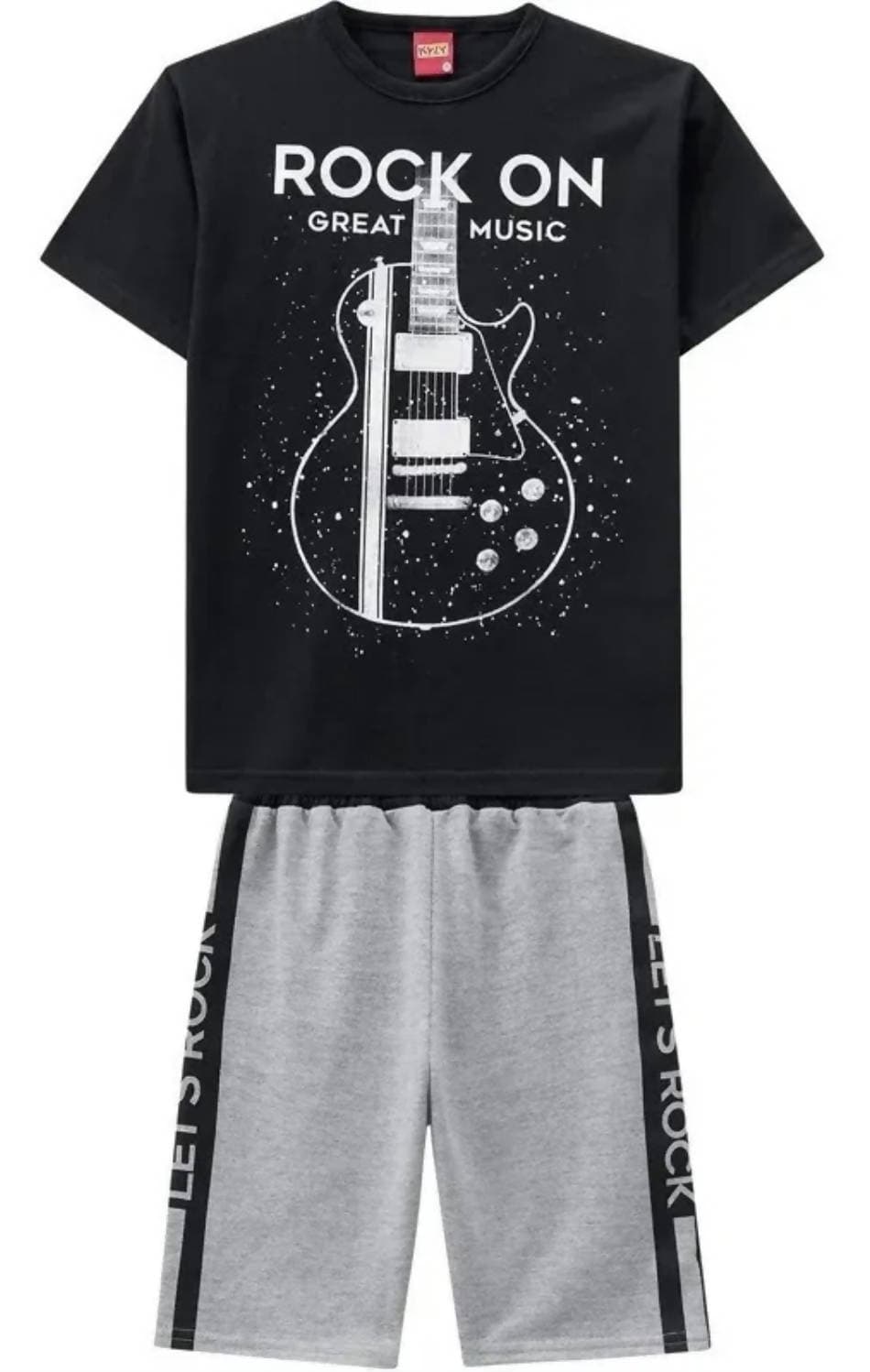 Completo Estivo Tuta Bambino Coordinata Maglia Mezze Manche Stampa Rock On Pantaloncini Sport Corti Con Elastico Set 2 Pezzi Bimbo Nero E Grigio Stampa Chitarra Moda/Bambini e ragazzi/Abbigliamento/Completi e coordinati/Completi due pezzi con pantaloncino Piccole Canaglie - Tropea, Commerciovirtuoso.it