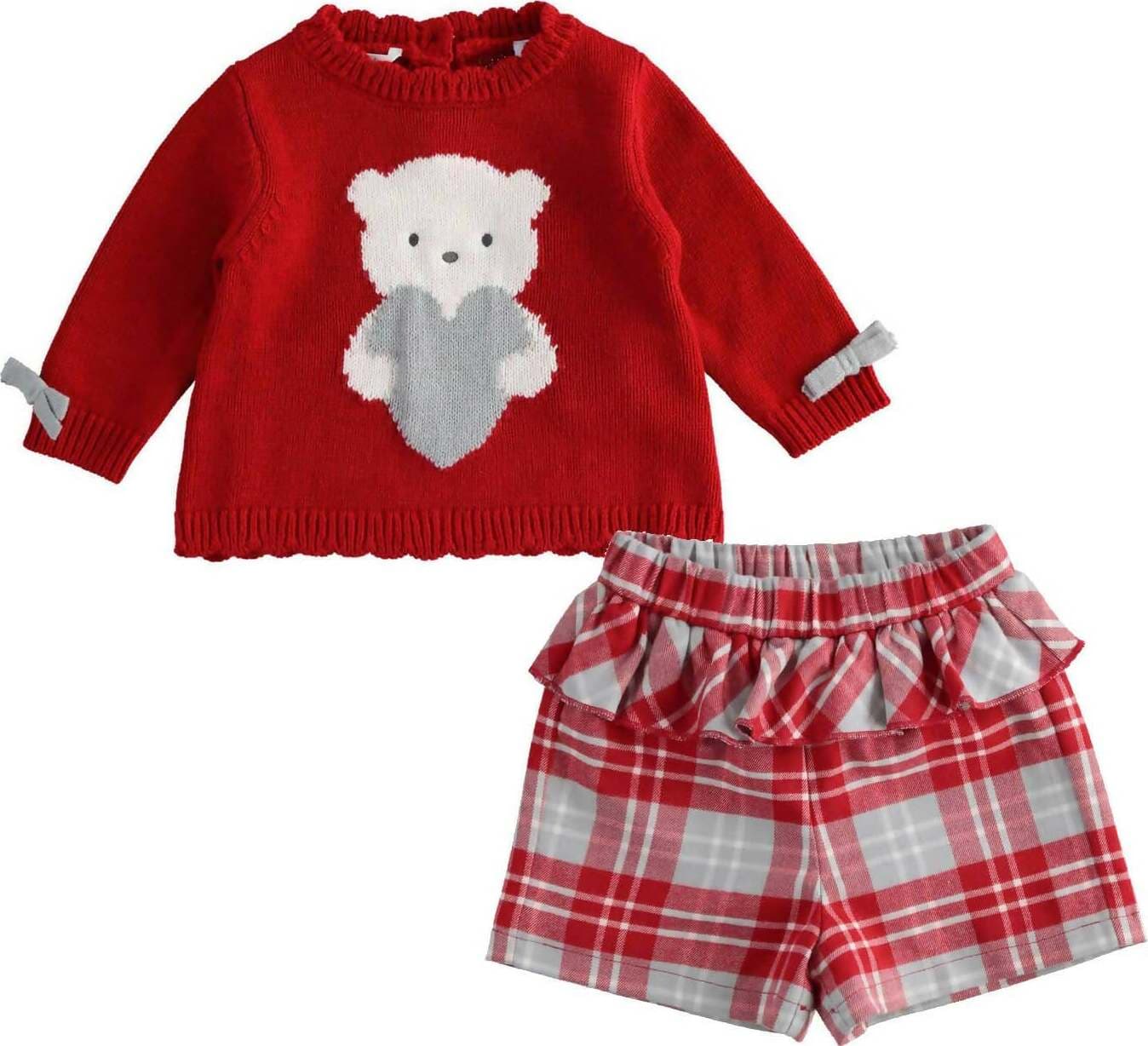 Completo Rosso Bimba in Tricot Con Ricamo Orsetto Maglia + Shorts Fantasia Check Moda/Bambine e ragazze/Abbigliamento/Completi e coordinati/Completi due pezzi con pantaloncino Mondo Bimbo - Bagnara Calabra, Commerciovirtuoso.it