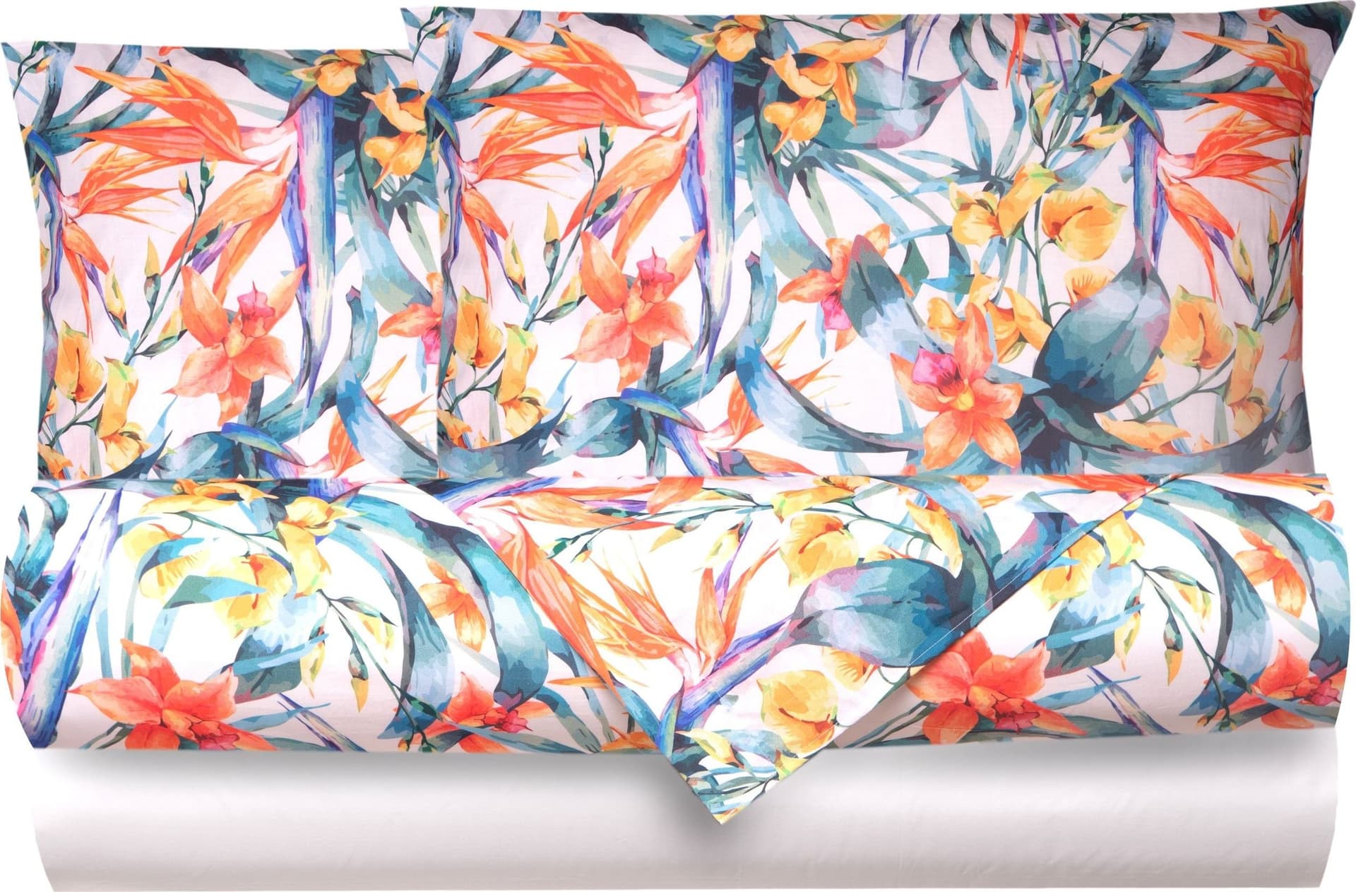 Completo letto lenzuola federe bifaccia double face stampa digitale in cotone made in italy TROPICI/BIANCO in Set di lenzuola e federe Vanita di raso - Sesto San Giovanni, commercioVirtuoso.it