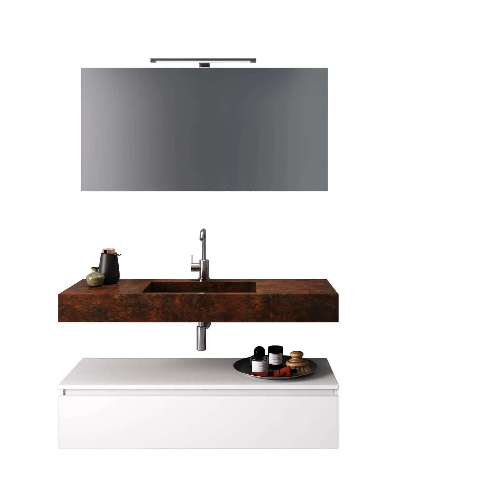 Composizione Bagno 120cm Con Vasca Integrata Cassetto E Specchio Top Effetto Corten + Base Bianco Opaco