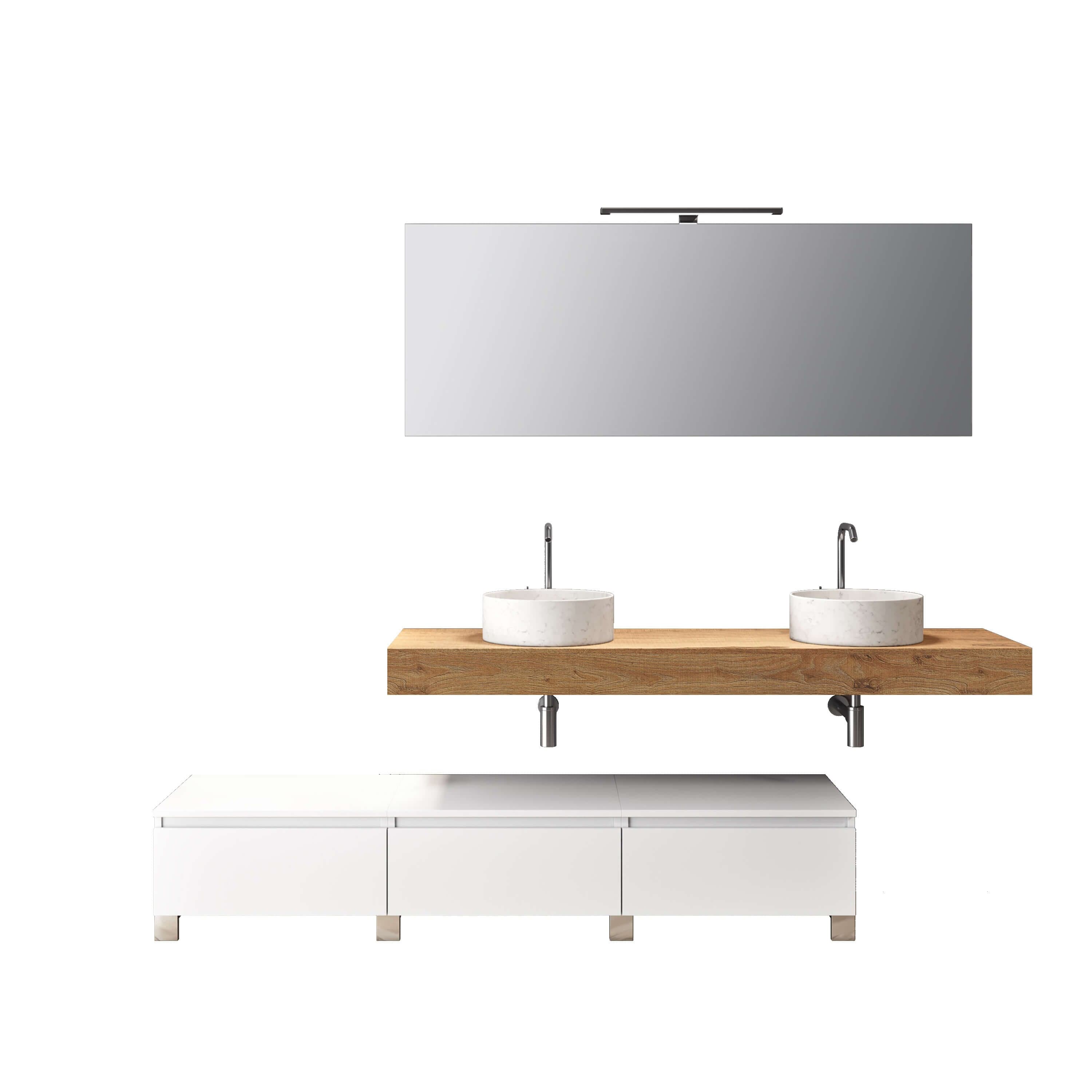 Composizione Bagno 180cm Con Doppio Lavabo, Cassetti E Specchio Top rovere miele + base bianco opaco