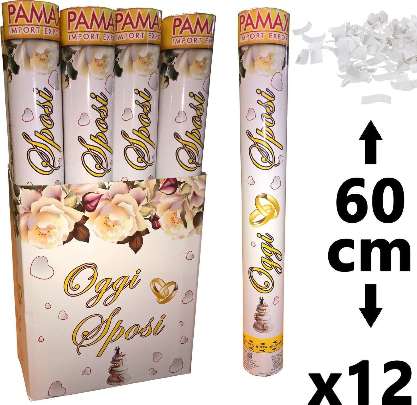 CONFEZIONE 12 PEZZI TUBO SPARACORIANDOLI OGGI SPOSI 60 CM MATRIMONIO MATRIMONI