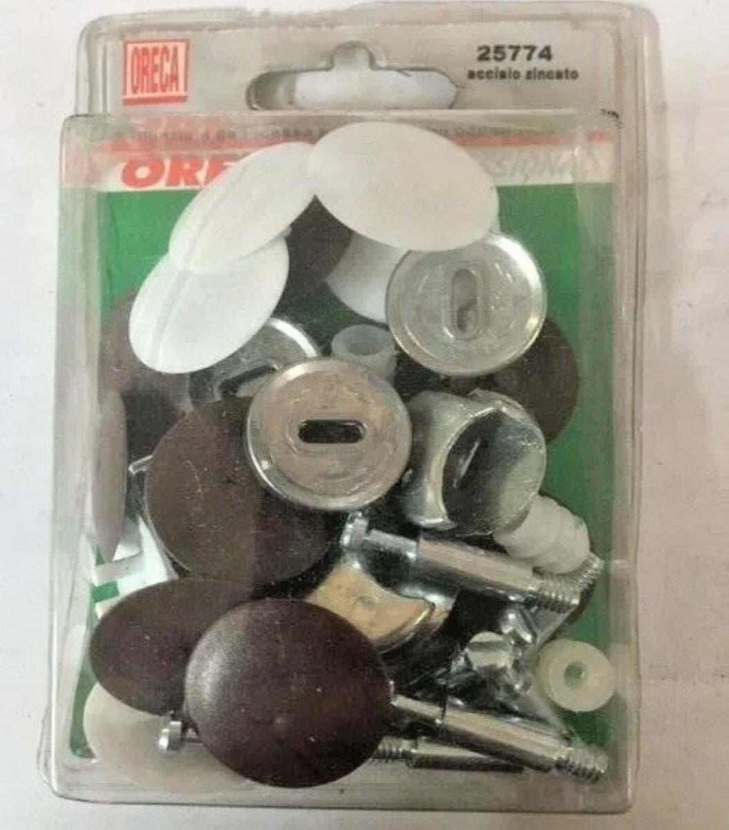 CONFEZIONE-8-PEZZI---GIUNZIONI-DA-INCASSO-PER-MOBILI-CON-ECCENTRICO---COPERCHI-IN-PLASTICA-BIANCA-E-MARRONE---ACCIAIO-ZINCATO-25MM