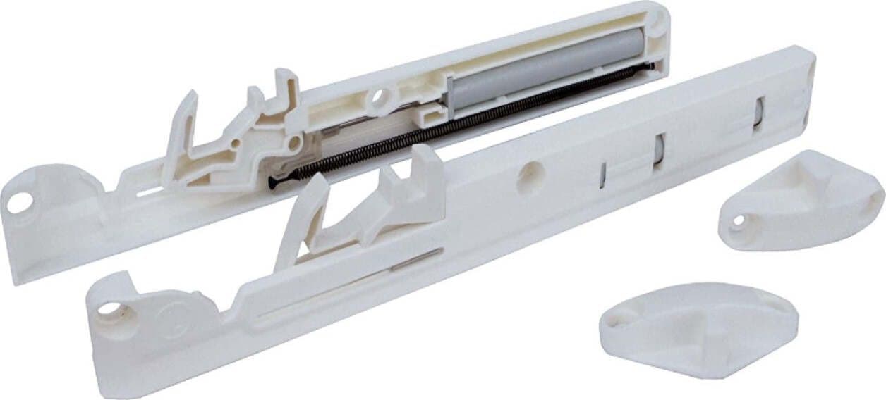 CONFEZIONE-DA-2-PEZZI---AMMORTIZZATORI-UNIVERSALI-DX+SX-DA-APPLICARE---PER-GUIDE-A-SCOMPARSA-CASSETTI---IN-PLASTICA-BIANCA