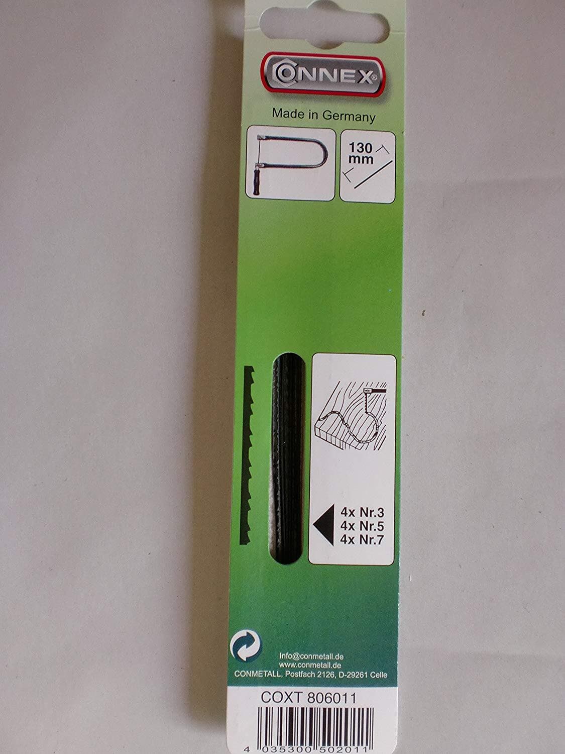 Connex-COXT806011-Lame-di-Ricambio-per-Sega-da-traforo-Taifun,-130-mm,-Confezione-da-12-Pezzi,-Misura-4-5-7,-Verde,-Assortiment-4-x-Nr.3-5-+-4X-Nr.-7