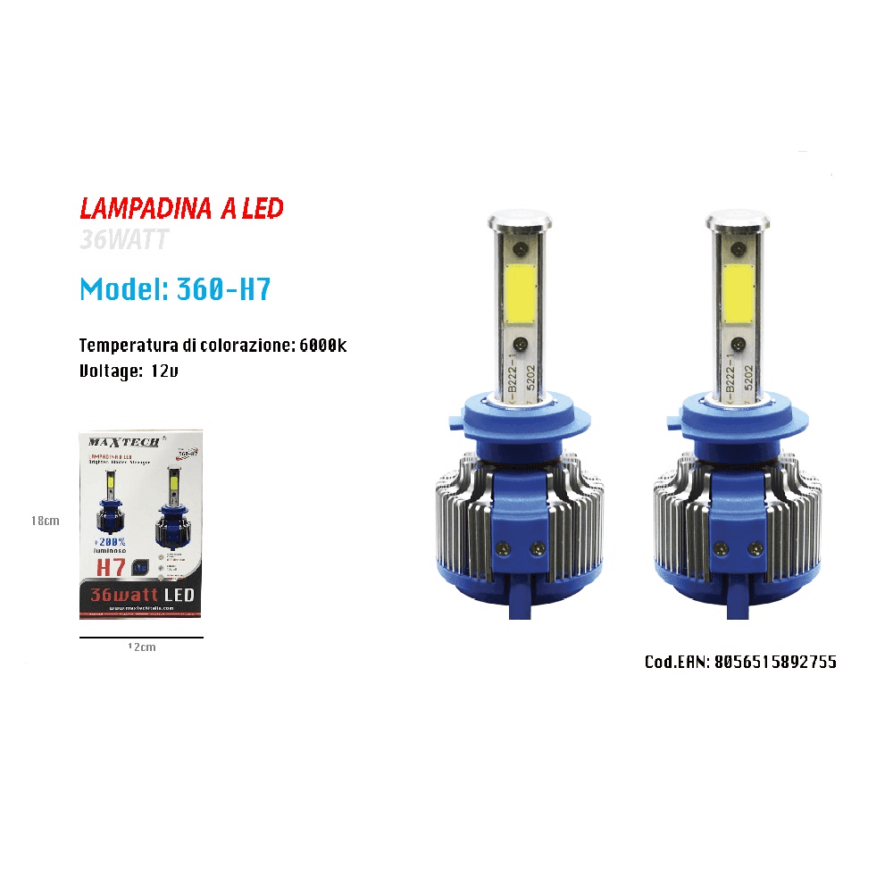 Coppia Lampade Fari Ricambio Auto H7 Maxtech 360-h7 Led 3800 Lumen 6000k 12v 36w Auto e Moto/Parti per auto/Luci lampadine e indicatori/Lampadine/Lampadine per esterno Trade Shop italia - Napoli, Commerciovirtuoso.it