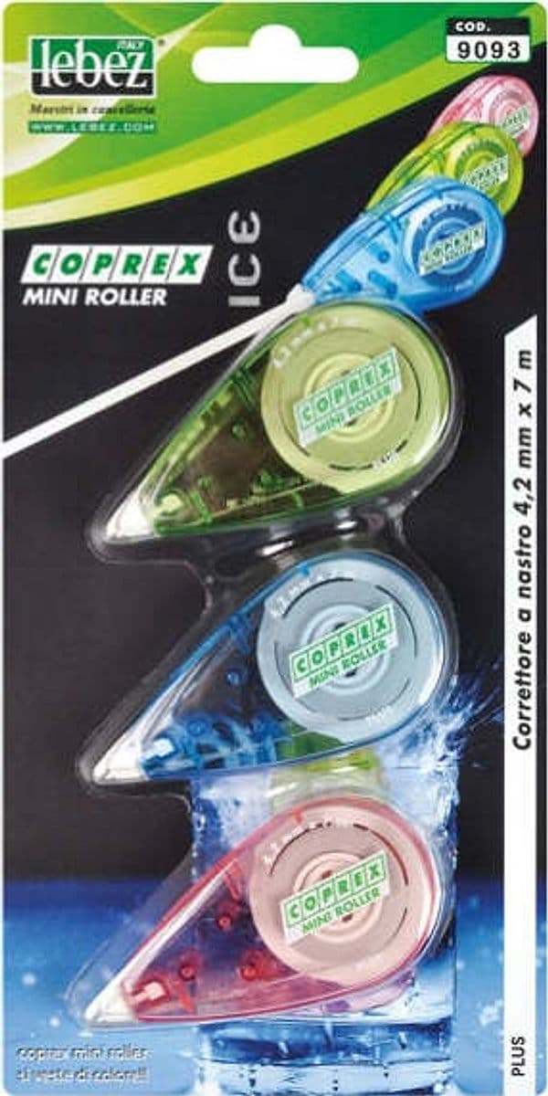 Correttore a nastro Mini roller - 4 2mm x 7mt - versione Ice - Lebez - conf. 3 pezzi Cancelleria e prodotti per ufficio/Penne matite scrittura e correzione/Correttori e gomme/Correttori a nastro Eurocartuccia - Pavullo, Commerciovirtuoso.it
