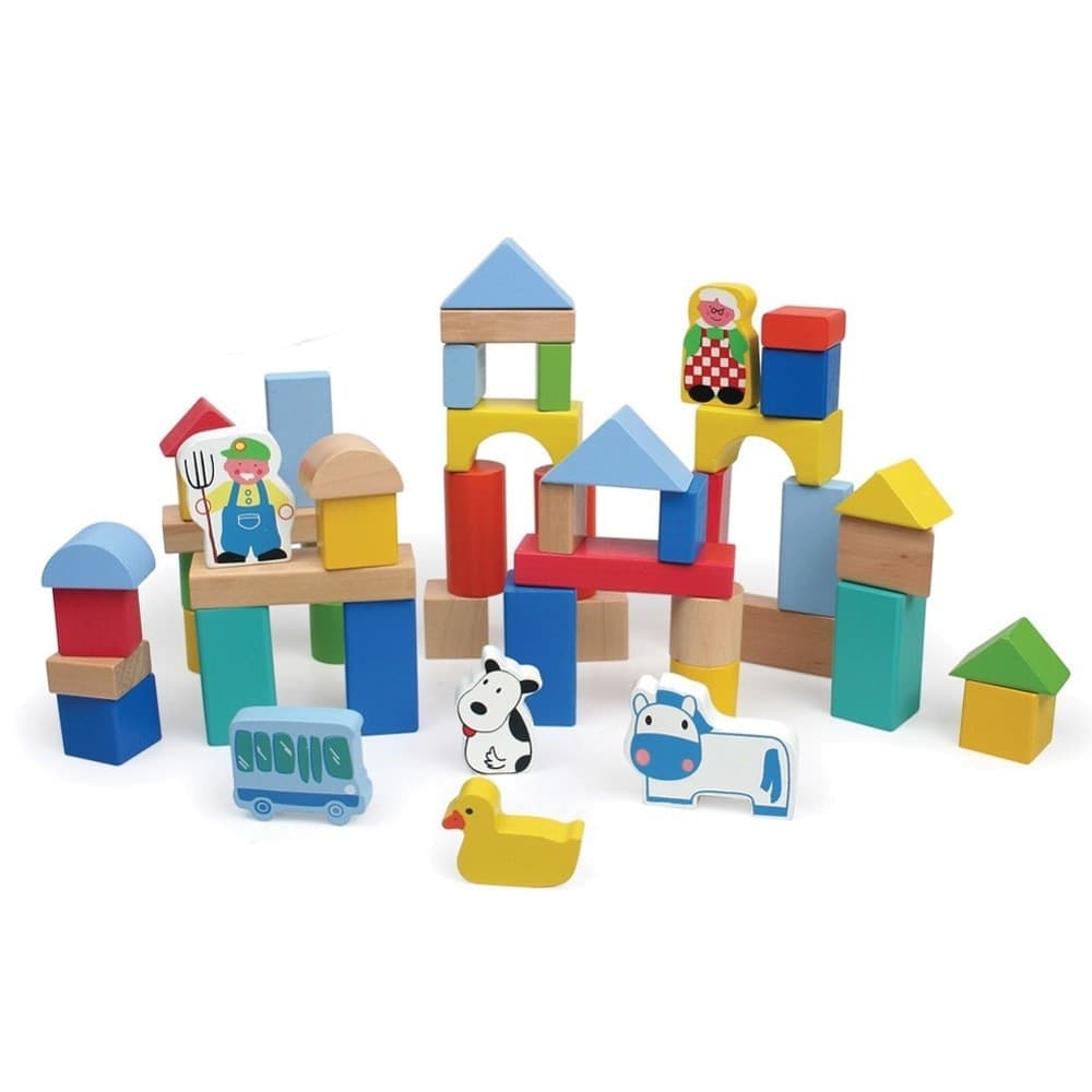 Costruzioni-In-Legno-50pz-Blocchi-Mattoncini-Costruzione-Bambini-Con-Contenitore