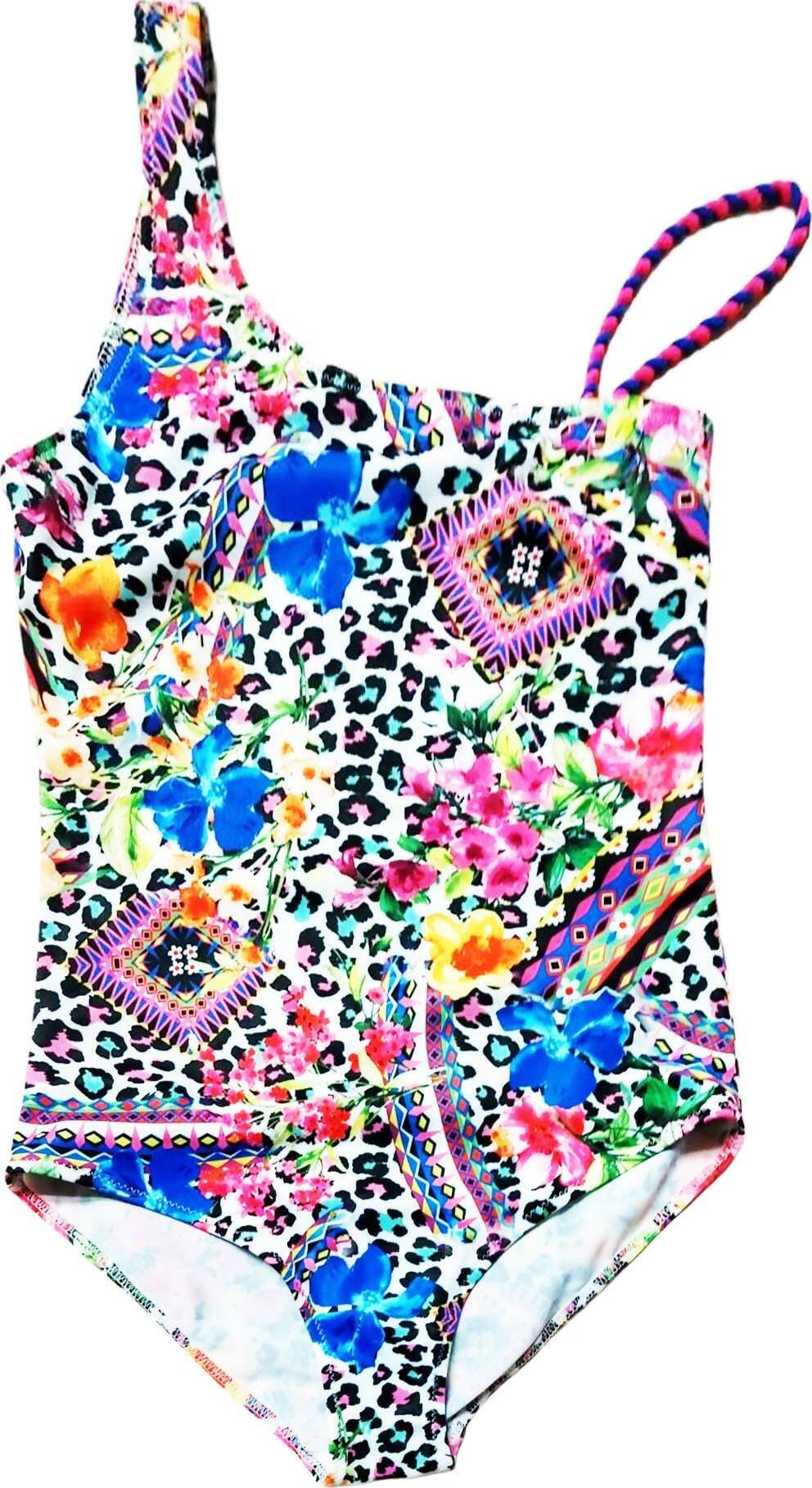 Costume Intero Bambina Rosa e Bianco Fiori Tropicali Costume da Bagno Bimba Mono Pezzo Costumino Fashion Estivo Fantasia Maculato Leopardato Colorato Paradise
