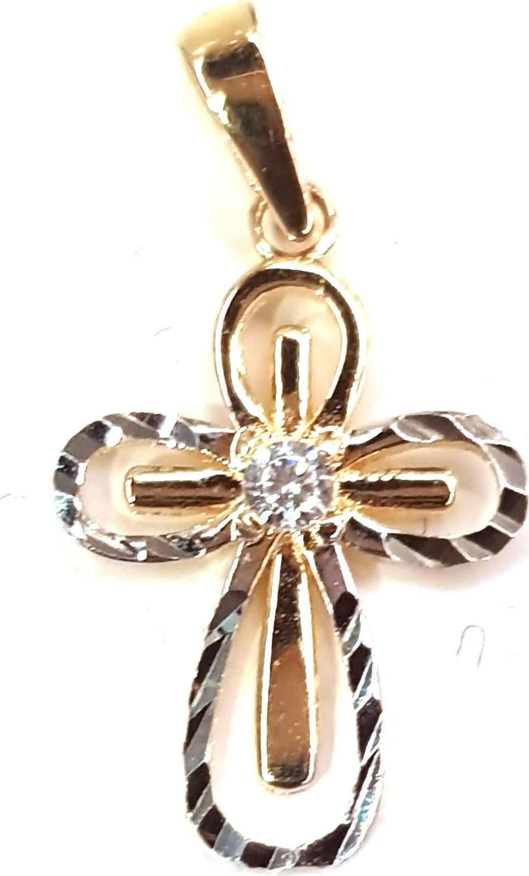 Croce in oro Bianco e Giallo 750/1000 con Brillantino Bianco Centrale Pendente Religioso con Brillante Zircone Incassato in Ciondoli E B Gioielli - Siderno, commercioVirtuoso.it