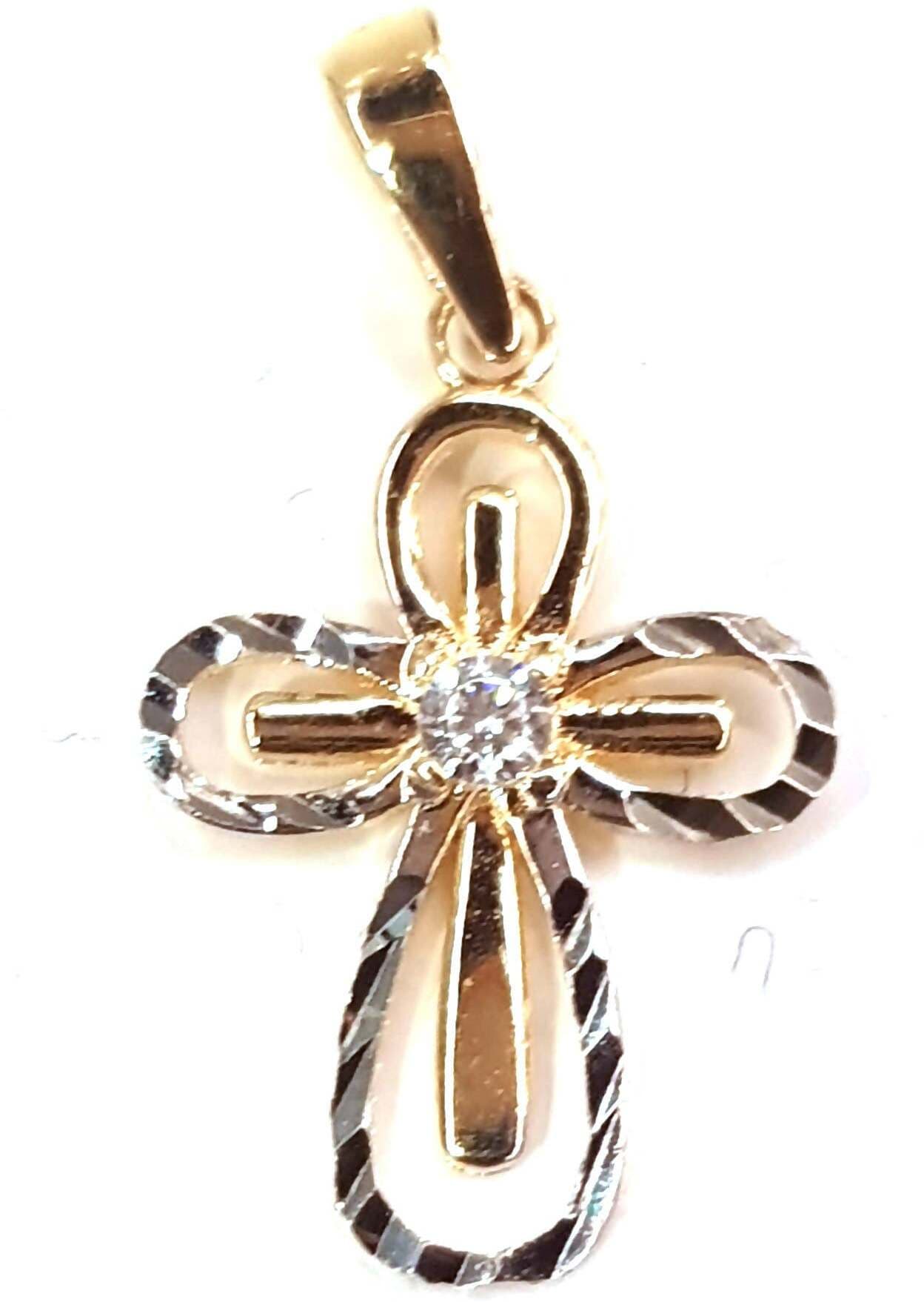 Croce in oro Bianco e Giallo 750/1000 con Brillantino Bianco Centrale Pendente Religioso con Brillante Zircone Incassato in Ciondoli E B Gioielli - Siderno, commercioVirtuoso.it