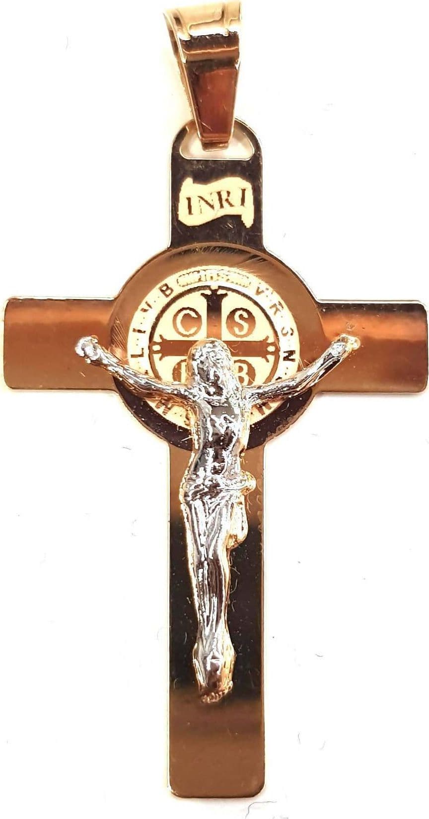 Croce San Benedetto in oro giallo 750/1000 Pendente Religioso con Gesù Cristo a contrasto in Oro Bianco in Ciondoli E B Gioielli - Siderno, commercioVirtuoso.it