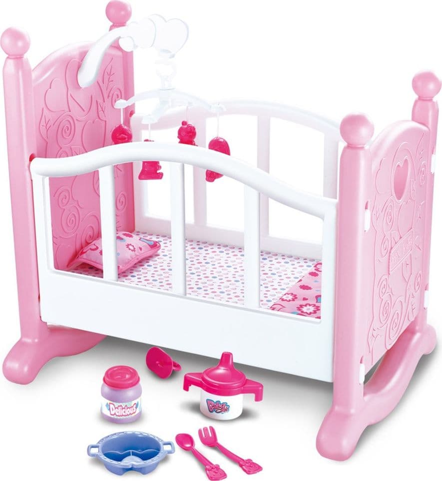 Culla-Per-Bambole-Lettino-Culletta-Bambolotto-Con-Giostrina-E-Accessori-Pappa