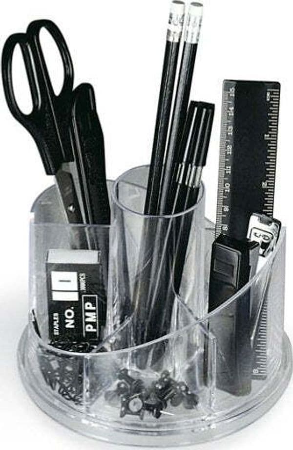 Desk set girevole portatutto - plexiglass - 13x16x12 cm - accessori inclusi - trasparente - Lebez Cancelleria e prodotti per ufficio/Archivio ufficio e accessori per scrivania/Accessori da scrivania e archiviazione/Vaschette portacorrispondenza Eurocartuccia - Pavullo, Commerciovirtuoso.it