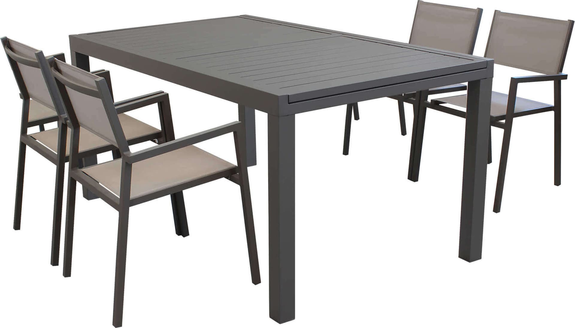 DEXTER---set-tavolo-160/240x90-struttura-e-piano-in-alluminio-compreso-di-4-sedute-Taupe-Milani-Home