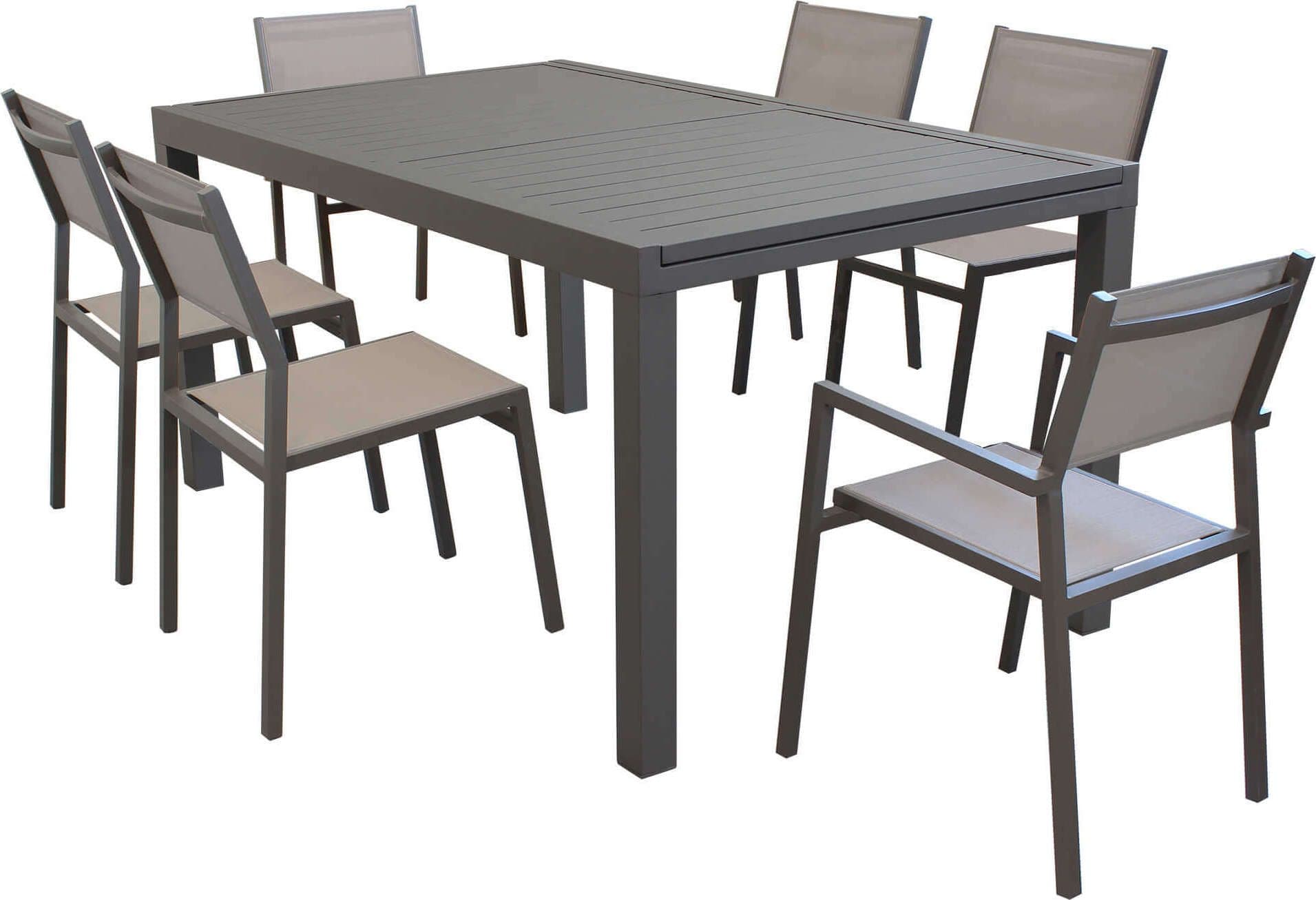 DEXTER---set-tavolo-160/240x90-struttura-e-piano-in-alluminio-compreso-di-6-sedute-Taupe-Milani-Home
