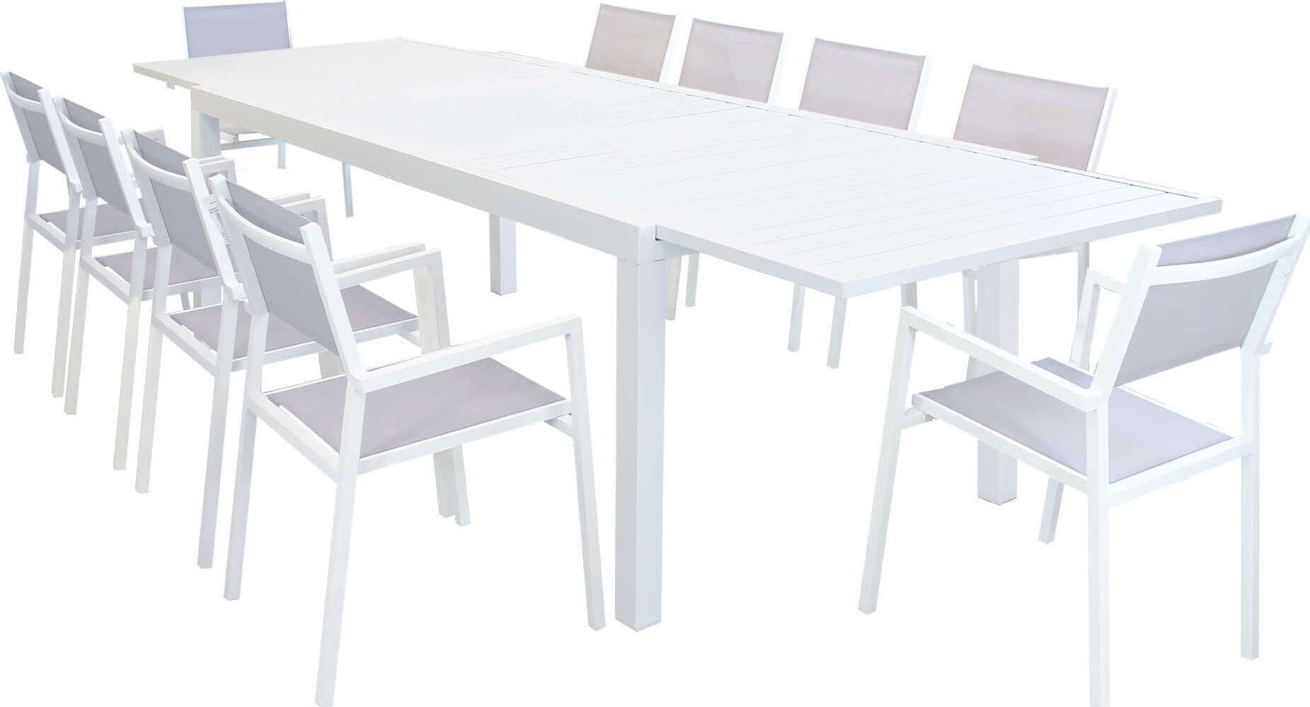 DEXTER---set-tavolo-200/300x100-struttura-e-piano-in-alluminio-compreso-di-10-sedute-Bianco-Milani-Home