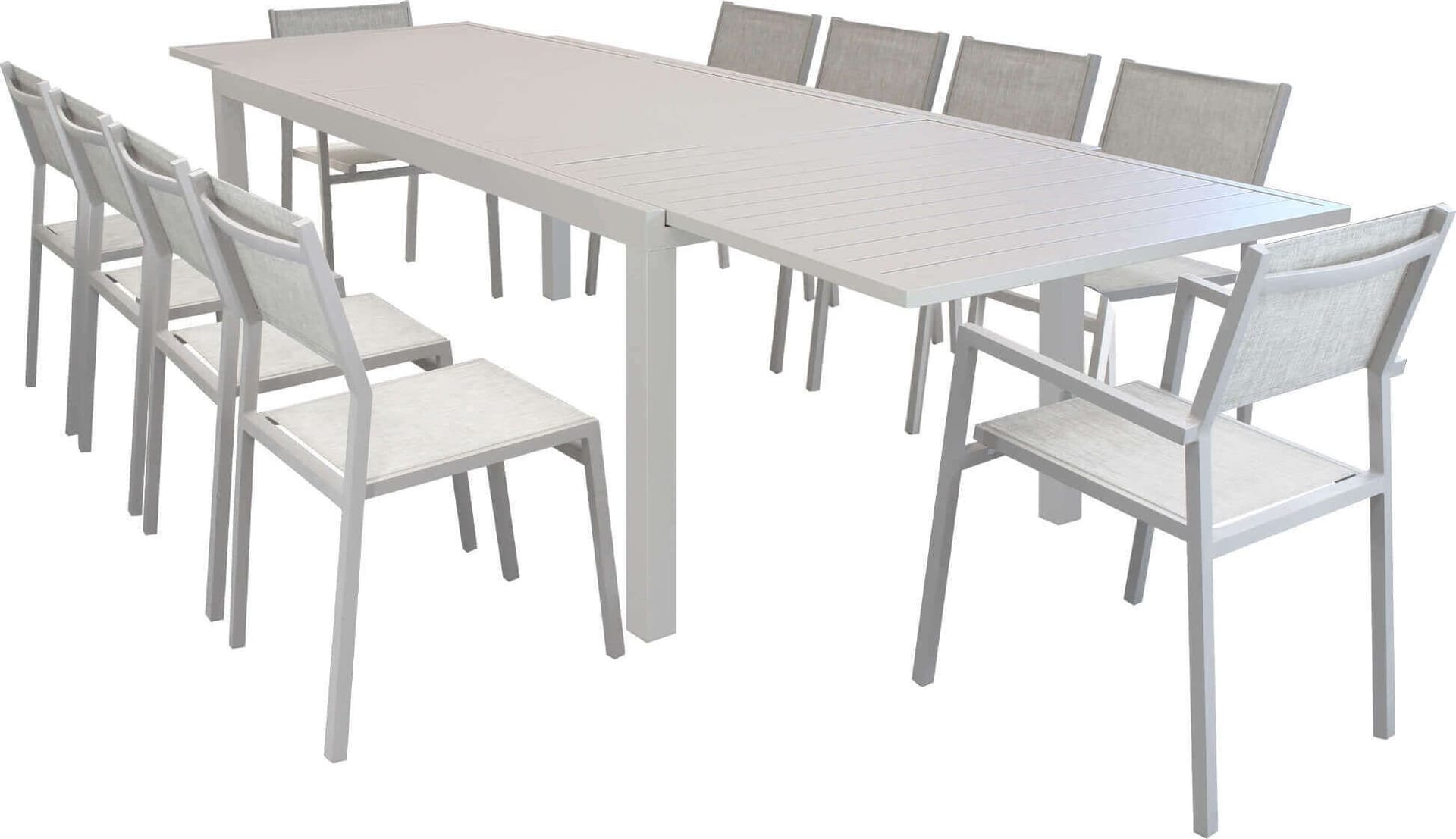 DEXTER---set-tavolo-200/300x100-struttura-e-piano-in-alluminio-compreso-di-10-sedute-Tortora-Milani-Home