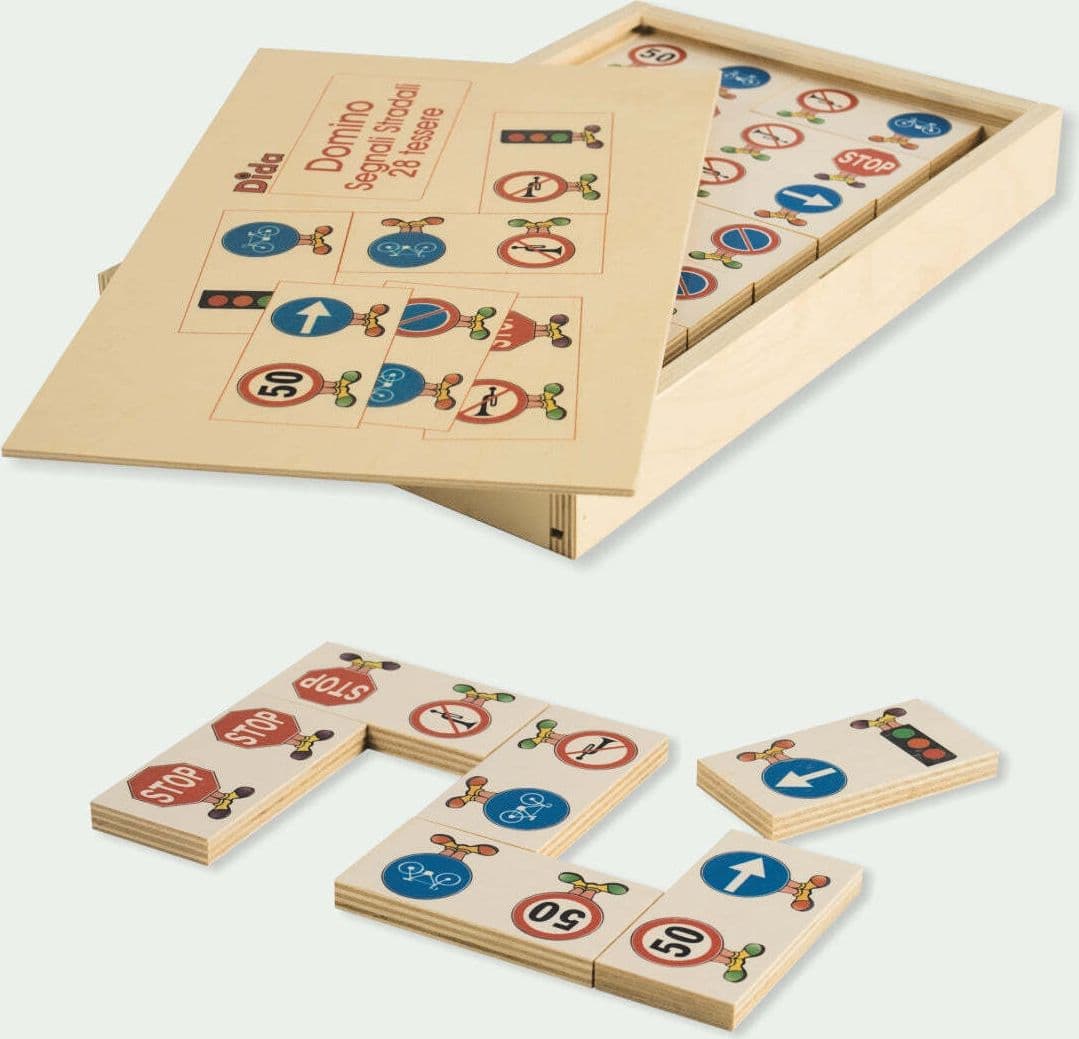 Dida - Domino Segnali Stradali 28 Pz - In Legno Per Bambini Gioco Da Tavolo
