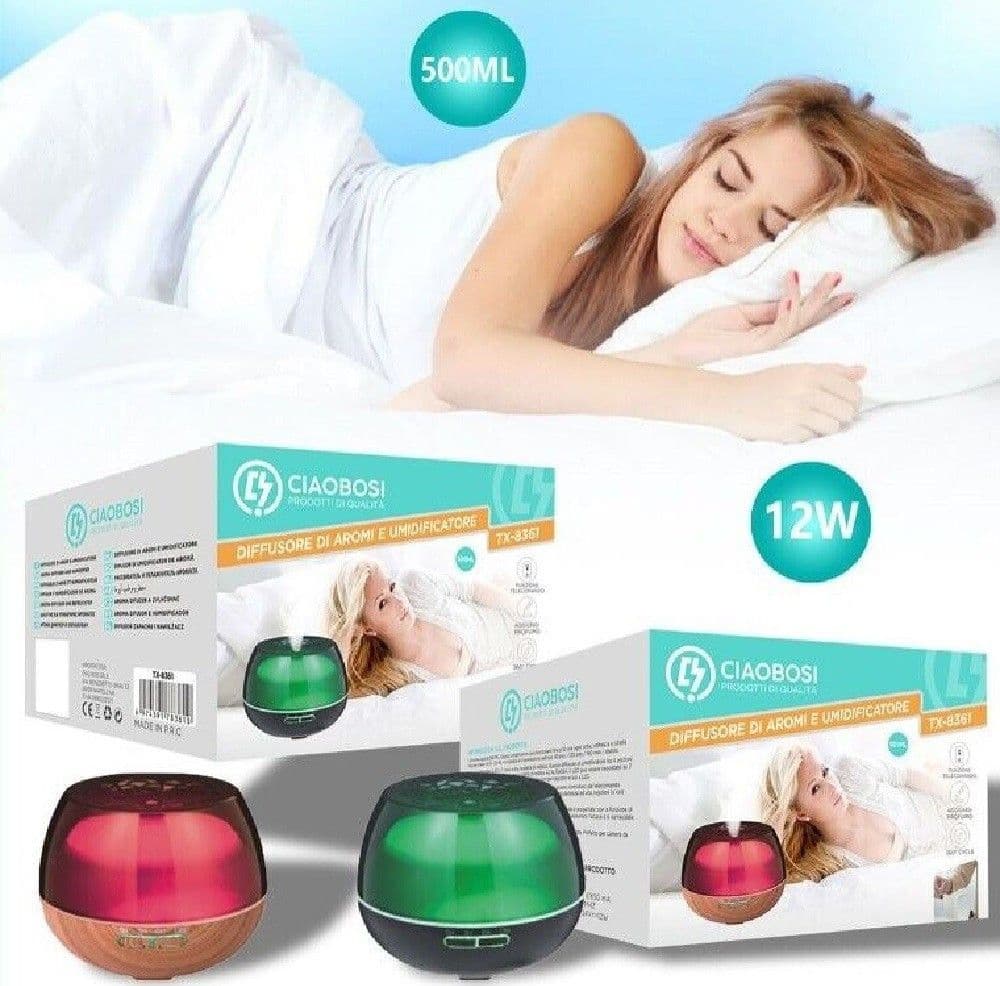 DIFFUSORE AROMI UMIDIFICATORE ULTRASUONI 500ML 12W AROMATERAPIA 7 COLORI TX-8361