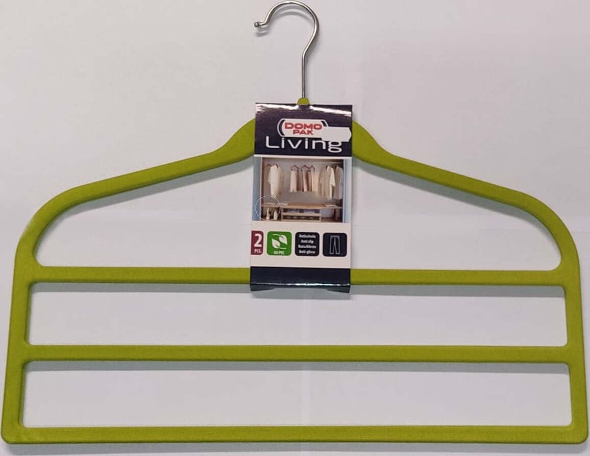 DOMOPAK---SET-2-GRUCCE-PER-PANTALONI-3-SPAZI-45CM --MATERIALE-SIMIL-VELLUTO-ANTISCIVOLO---COLORE-VERDE-LIME---MARRONE