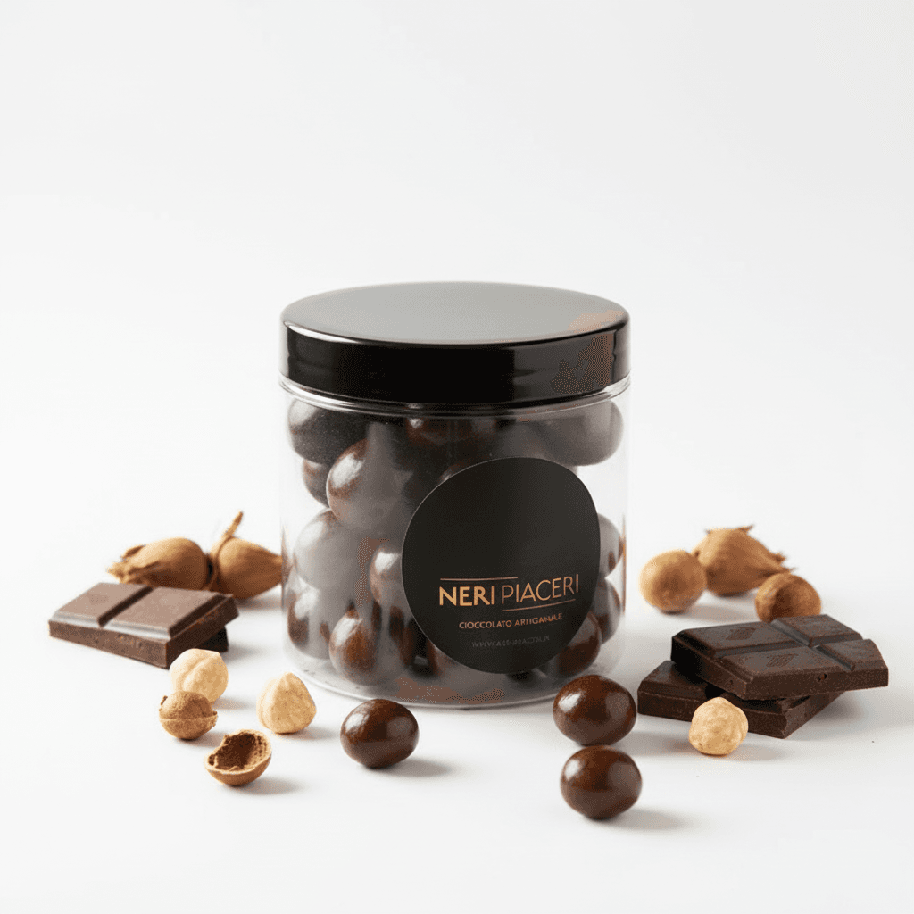 Dragees/nocciole Fondenti Confezione in Vaso Gr. 140 Neri Piaceri Cioccolato Artigianale in Caramelle dure e confetti Neri Piaceri - Cavezzo, commercioVirtuoso.it