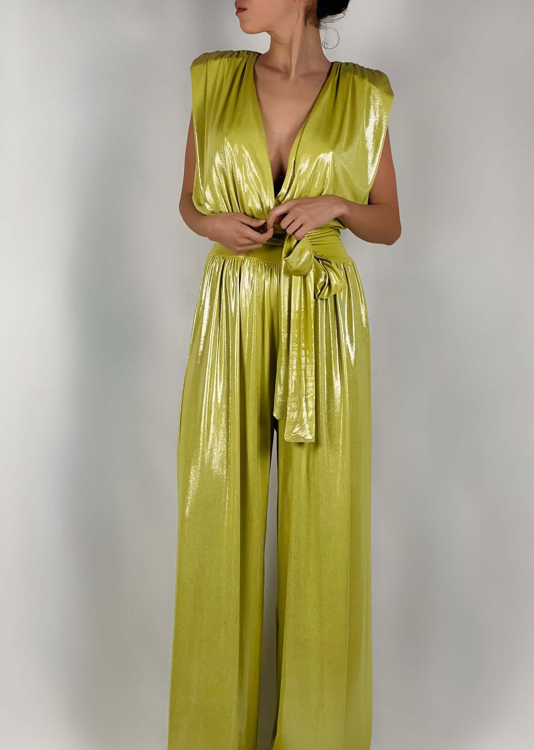 Dramée-Tuta-Donna-In-Jersey-Placcato-Lime-Elegante-Monopezzo