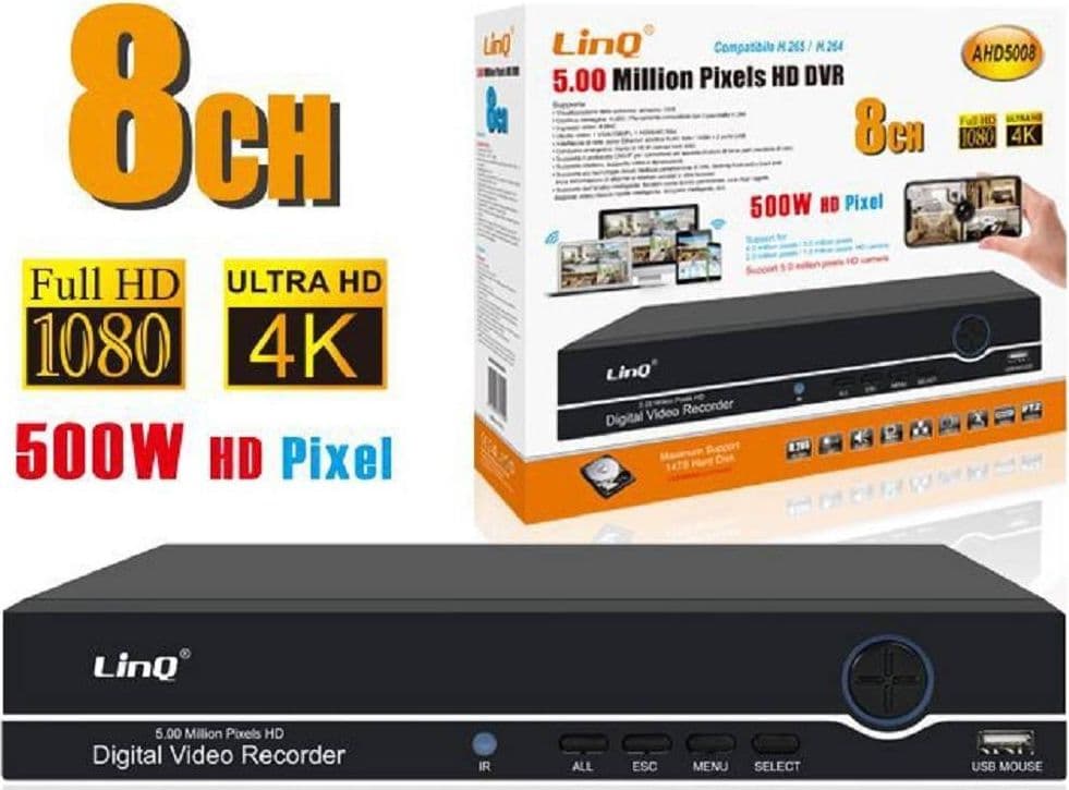 DVR DIGITAL VIDEO RECORDER 8 CANALI AHD FULL HD 1080P 4K 500W H.265/H.264 AHD5008