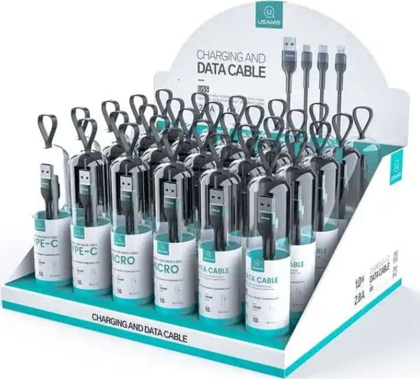 espositore-usams-completo-di-15-cavi-antistrappo-usbc-+-15-cavi-lighting-da-100cm-nero-in-box-cilindrico