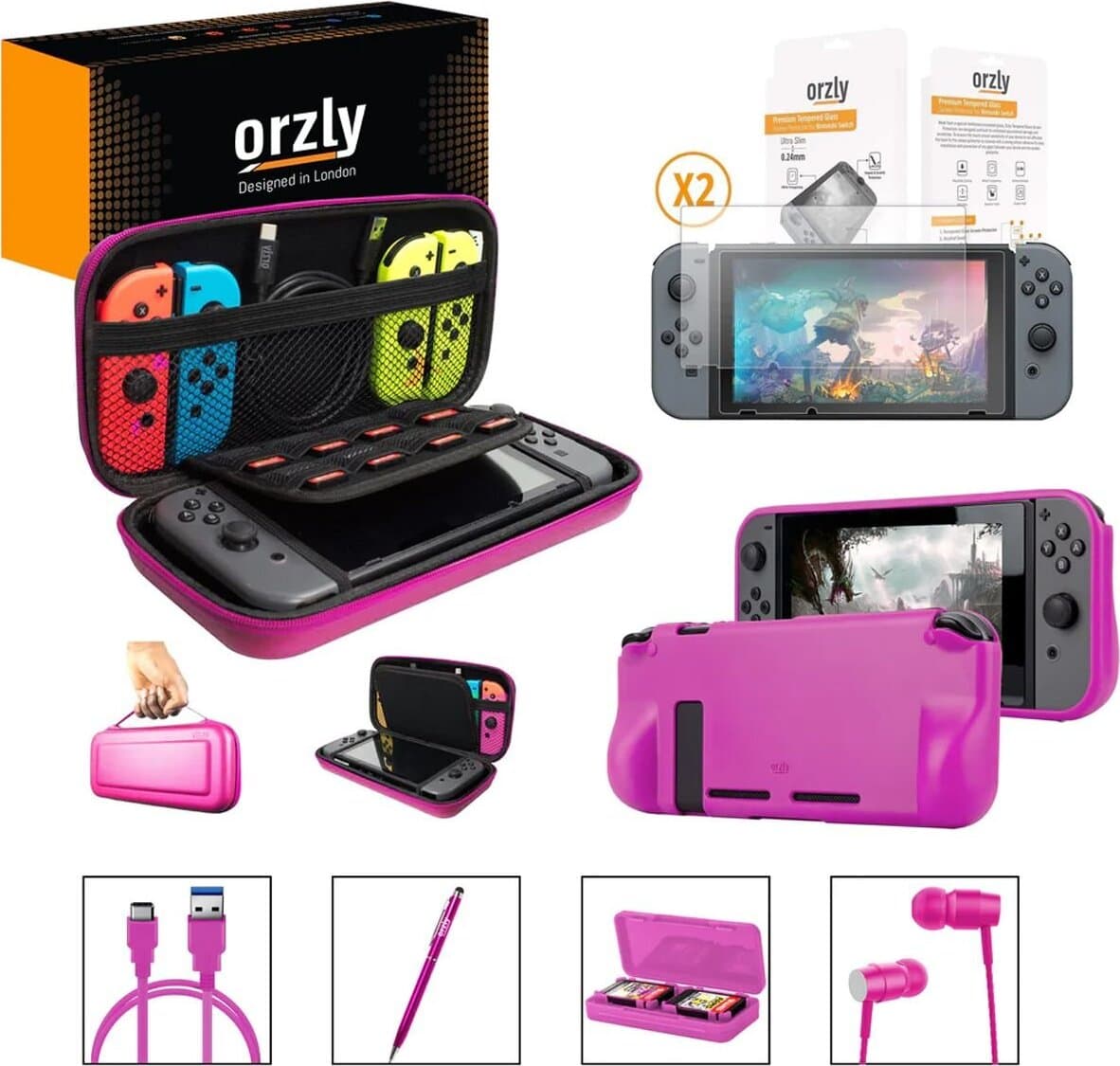 Borsa Essential Pack per Nintendo Switch Case 2 Vetri Protettivi Grip Case Porta Cavo USB Cartucce Cuffie Penna Colore ROSA