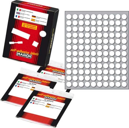 Etichetta adesiva - permanente - tonda D 10 mm - 120 etichette per foglio - bianco - 10 fogli per confezione - Markin Cancelleria e prodotti per ufficio/Archivio ufficio e accessori per scrivania/Etichette divisori per schedario e timbri/Etichette ed etichette adesive/Etichette per prezzatrici Eurocartuccia - Pavullo, Commerciovirtuoso.it