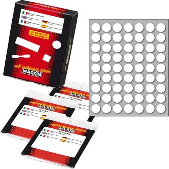 Etichetta adesiva - permanente - tonda D 14 mm - 63 etichette per foglio - 10 fogli per busta - bianco - Markin Cancelleria e prodotti per ufficio/Archivio ufficio e accessori per scrivania/Etichette divisori per schedario e timbri/Etichette ed etichette adesive/Etichette per prezzatrici Eurocartuccia - Pavullo, Commerciovirtuoso.it