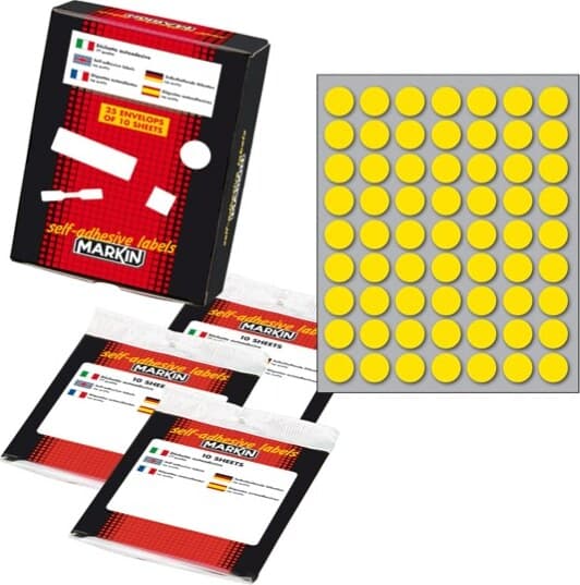 Etichetta adesiva - permanente - tonda D 14 mm - 63 etichette per foglio - 10 fogli per busta - giallo - Markin Cancelleria e prodotti per ufficio/Archivio ufficio e accessori per scrivania/Etichette divisori per schedario e timbri/Etichette ed etichette adesive/Etichette per prezzatrici Eurocartuccia - Pavullo, Commerciovirtuoso.it