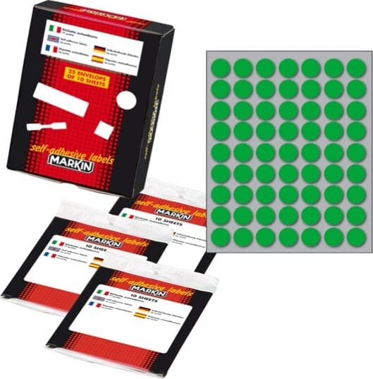 Etichetta adesiva - permanente - tonda D 14 mm - 63 etichette per foglio - 10 fogli per busta - verde - Markin Cancelleria e prodotti per ufficio/Archivio ufficio e accessori per scrivania/Etichette divisori per schedario e timbri/Etichette ed etichette adesive/Etichette per prezzatrici Eurocartuccia - Pavullo, Commerciovirtuoso.it