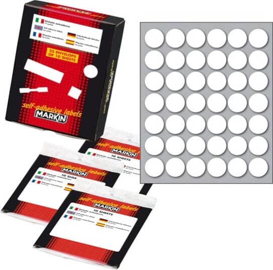 Etichetta adesiva - permanente - tonda D 18 mm - 42 etichette per foglio - 10 fogli per busta - bianco - Markin Cancelleria e prodotti per ufficio/Archivio ufficio e accessori per scrivania/Etichette divisori per schedario e timbri/Etichette ed etichette adesive/Etichette per prezzatrici Eurocartuccia - Pavullo, Commerciovirtuoso.it