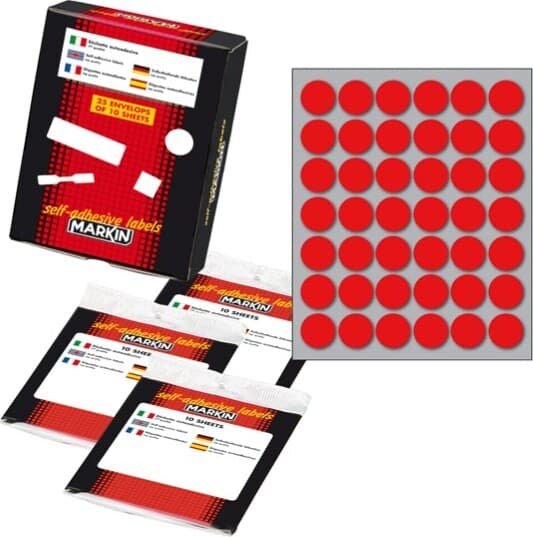 Etichetta adesiva - permanente - tonda D 18 mm - 42 etichette per foglio - 10 fogli per busta - rosso - Markin Cancelleria e prodotti per ufficio/Archivio ufficio e accessori per scrivania/Etichette divisori per schedario e timbri/Etichette ed etichette adesive/Etichette per prezzatrici Eurocartuccia - Pavullo, Commerciovirtuoso.it