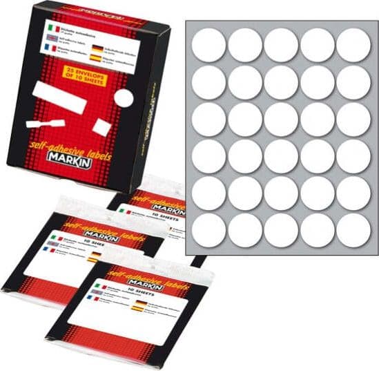 Etichetta adesiva - permanente - tonda D 22 mm - 30 etichette per foglio - 10 fogli per busta - bianco - Markin Cancelleria e prodotti per ufficio/Archivio ufficio e accessori per scrivania/Etichette divisori per schedario e timbri/Etichette ed etichette adesive/Etichette per prezzatrici Eurocartuccia - Pavullo, Commerciovirtuoso.it